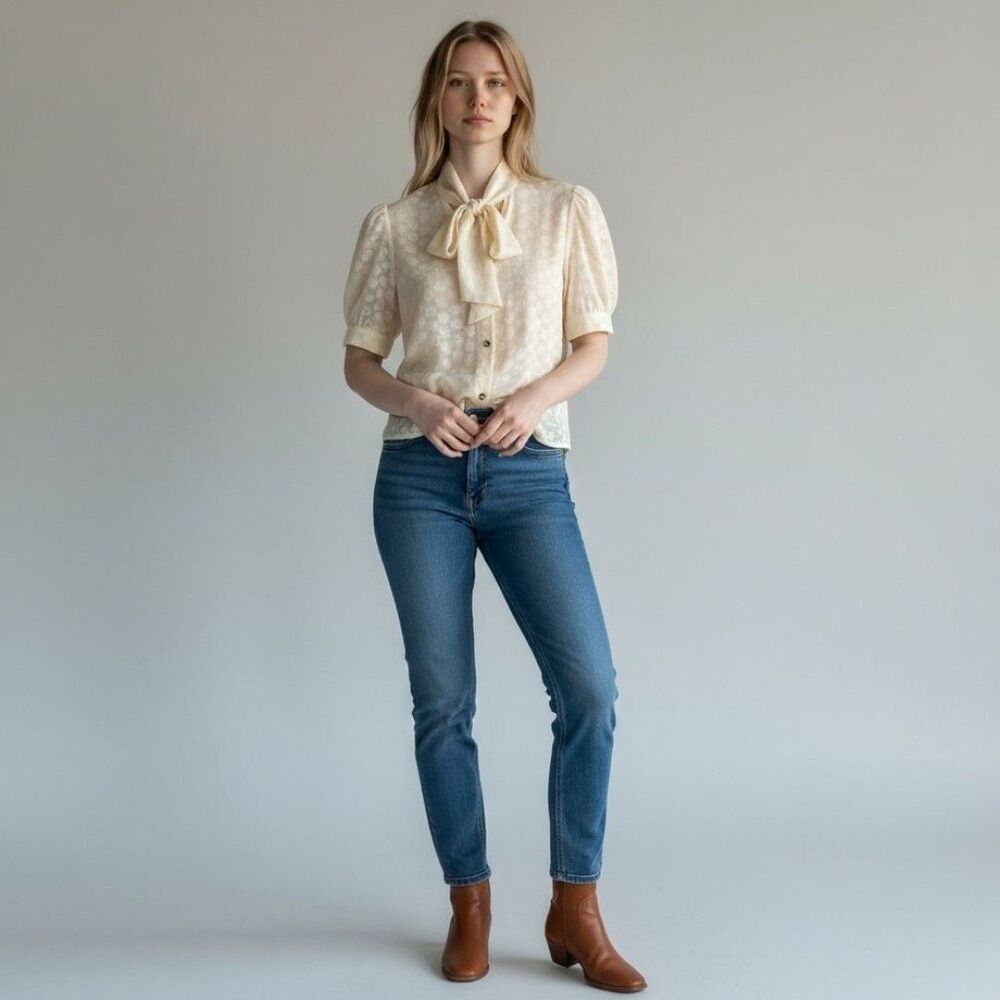Vintage Milly Cream Floral Blouse with Bow Tie